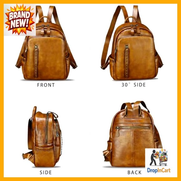 Genuine Leather Backpack Vintage Western Daypack College Bag Rivet Details